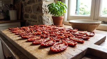 Tomates partidos por la mitad con sal y hierbas sobre una tabla de madera, un macetero con albahaca, un cuenco de cerámica y una ventana.