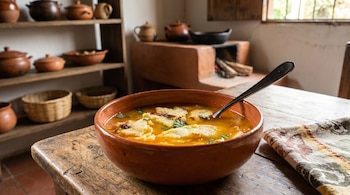 Sopa de arepa colombiana en cuenco de cerámica sobre mesa de madera rústica, con utensilios de barro y fogón de leña encendido al fondo.