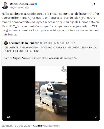 Daniel Quintero confrontó al presidente Abelardo de la Espriella por la captura de su hermano - crédito @QuinteroCalle/X