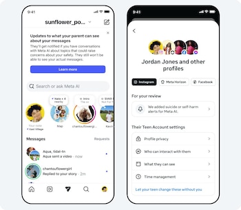 Captura de pantalla de dos móviles mostrando ajustes de Meta AI para padres sobre mensajes y configuraciones de privacidad de cuentas de adolescentes