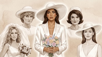 Cinco retratos de mujeres: Dua Lipa con sombrero y traje blanco, Lady Diana con sombrero, Sarah Jessica Parker con velo, Jacqueline Kennedy y una figura genérica con sombrero.