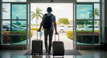 Hombre de espaldas, con auriculares y mochila, sale de un aeropuerto internacional. Arrastra dos valijas grises mientras pasa por puertas de cristal hacia el exterior con palmeras y autos.