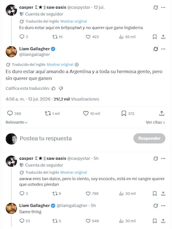 Captura de pantalla de dos publicaciones en Twitter/X. Perfiles de Liam Gallagher y un usuario. Contiene texto sobre Argentina e Inglaterra, con números de interacciones
