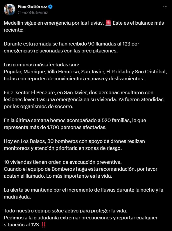 Federico Gutiérrez dio a conocer el más reciente reportes de lluvias en Medellín - crédito @FicoGutierrez/X