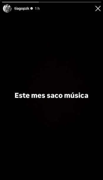 Captura de pantalla de una historia de Instagram de la cuenta tiagopzk sobre fondo negro con el texto en blanco Este mes saco música