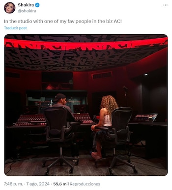 Shakira publicó una fotografía en el estudio de grabación acompañada del productor AC - crédito @shakira/X