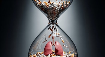 Un reloj de arena enorme con cigarrillos en la parte superior cayendo hacia unos pulmones rosados y saludables en la base, sobre un fondo oscuro.