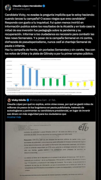 Claudia López ya había señalado que Dávila tenía toda la intención de postularse a las elecciones presidenciales - crédito Vicky Dávila y Claudia López/X