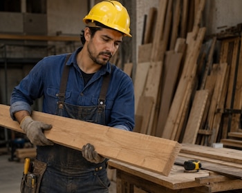 Operario con un listón de madera en sus manos. Industria maderera. Operario.