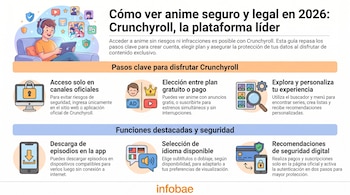Infografía con un joven usando una tableta, logos de Crunchyroll, iconos de seguridad, descarga, idiomas y opciones de suscripción, junto a textos informativos.