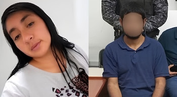 Retrato de una mujer con camiseta blanca junto a un hombre sentado con el rostro censurado y un uniforme policial detrás