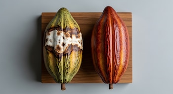Dos vainas de cacao sobre una tabla de madera, una verde y dañada con moho blanco y marrón, y la otra marrón rojiza en buen estado, sobre un fondo gris.