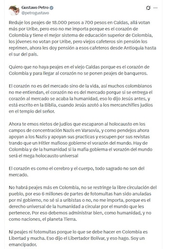 En su mensaje, el presidente Gustavo Petro aseguró haber reducido los peajes en Caldas - crédito @petrogustavo/X