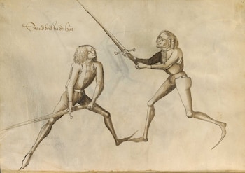 Dibujo en tinta sobre papel que muestra a dos hombres sosteniendo espadas largas en distintas posturas de combate