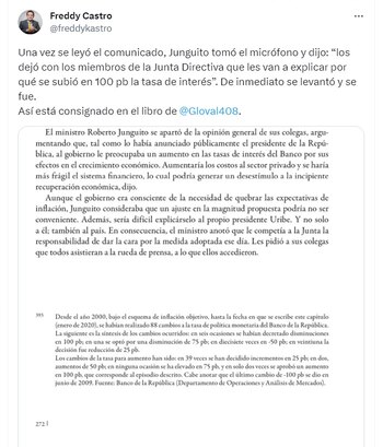 Publicación de Freddy Castro, exgerente