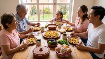 Una familia mexicana multigeneracional, cinco personas, desayuna huevo con nopales en una mesa de madera. Hay tazas de café, aguacates y pan dulce.