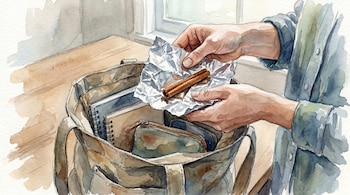 Manos envuelven una rama de canela en papel aluminio sobre un bolso abierto que contiene cuadernos y una cartera, en una superficie de madera junto a una ventana.