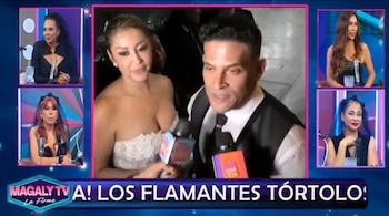 Recién casados, Karla Tarazona y Christian Domínguez agradecen el cariño y descartan luna de miel. Captura: Magaly TV La Firme.