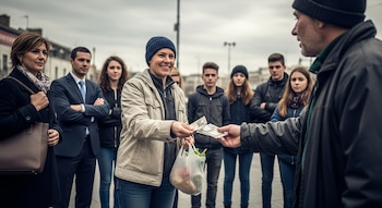 Una mujer sonriente entrega billetes y una bolsa de comida a otra persona, mientras un grupo de individuos observa detrás en una calle urbana con cielo nublado.