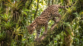Un felino moteado avanza sobre un tronco inclinado cubierto de musgo y bromelias rodeado de follaje verde.