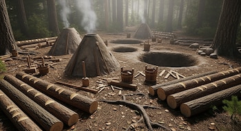 Tres hornos cónicos de tierra emiten humo entre árboles en un bosque. Hay varias fosas abiertas, troncos apilados con muescas y herramientas de madera.