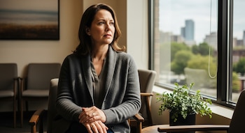 Mujer de mediana edad sentada en un sillón gris, mirando por una gran ventana que da a una ciudad con edificios y árboles. Hay una planta verde a su derecha.