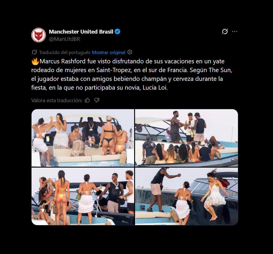 Rashford, rodeado de amigas en un yate en Saint-Tropez, donde celebró el tercer puesto de Inglaterra en el Mundial 2026 con champán y cerveza, sin la presencia de su novia Lucia Loi