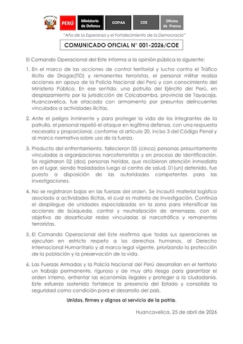 Enfrentamiento en Colcabamba: Ejército reporta cinco fallecidos en operativo contra el narcotráfico en el VRAEM