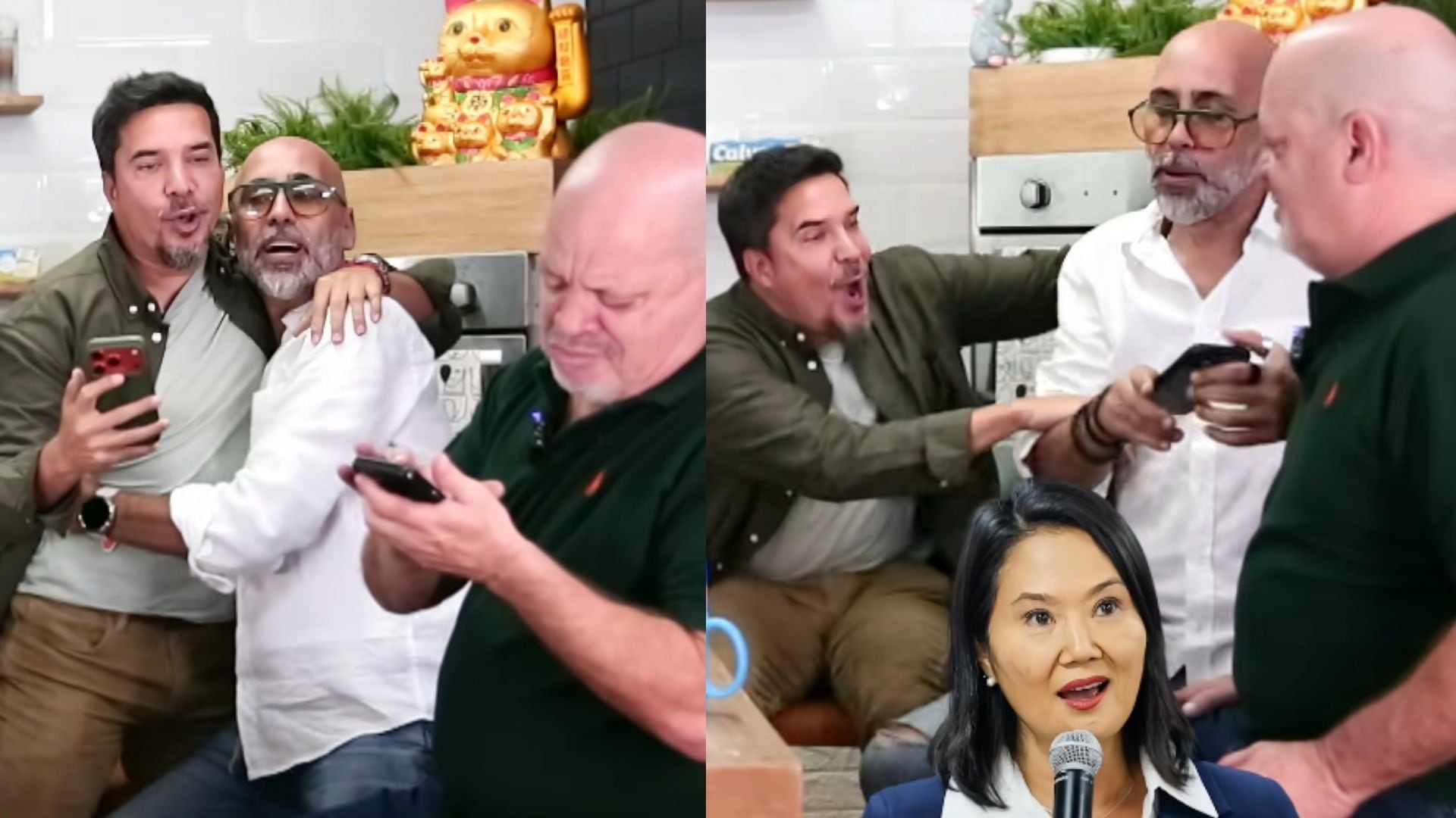 Gabriel Calvo evita que sus compañeros de programa muestren una conversación privada con la política Keiko Fujimori en una transmisión por internet.