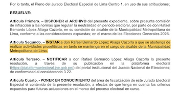 Resolución del JEE que insta a Rafael López a no hacer campaña mientras sea alcalde.