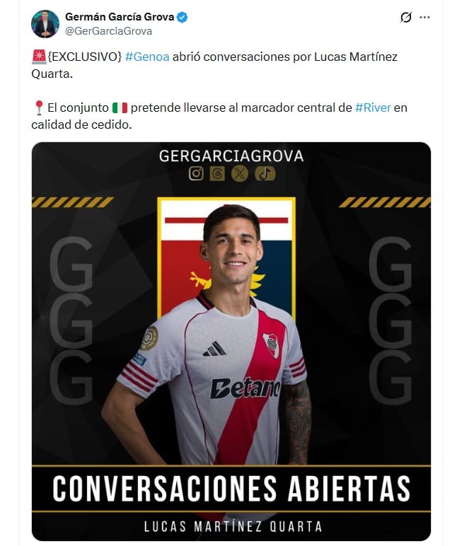 García Grova reveló el interés del Genoa por Martínez Quarta