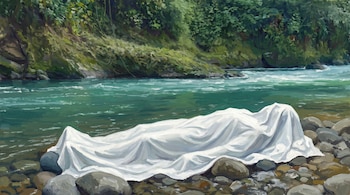 Pintura de una figura cubierta por una sábana blanca sobre piedras junto a un río de agua verde y vegetación al fondo.