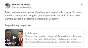 Hernán Cadavid, representante a la Cámara, calificó como "denigrante" la aprobación de la reforma pensional - crédito @HernadCadavidMA/X