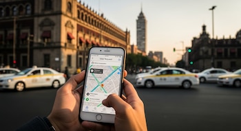 Primer plano de manos sosteniendo un smartphone con la aplicación Uber abierta. Al fondo, una calle urbana con taxis y edificios de la Ciudad de México.