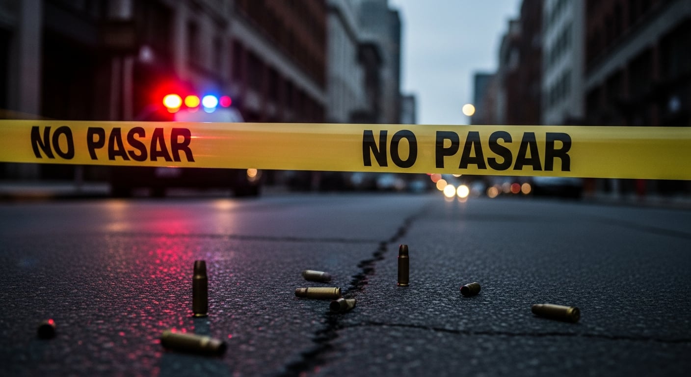 Casquillos de bala yacen dispersos sobre el asfalto junto a una cinta policial de