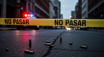 Calle sombría con casquillos de bala dispersos sobre asfalto agrietado. Cinta amarilla "NO PASAR" al frente, y luces rojas y azules de patrulla al fondo.