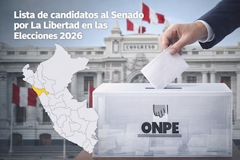 Imagen muestra una mano depositando un voto en una urna de la ONPE, con el mapa de Perú destacando La Libertad y el Congreso Nacional de fondo.