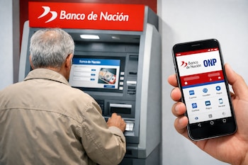 Hombre de espaldas usando un cajero automático del Banco de la Nación, con el logo visible. A su lado, una mano sostiene un smartphone mostrando la app de Banco de la Nación y ONP.