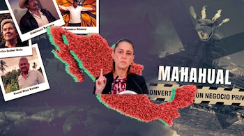 Retrato de una funcionaria gesticulando, superpuesto sobre un mapa de México y fotos de personas. En el fondo, un texto ilegible y una criatura mítica.