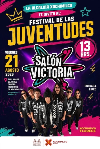 Afiche del Festival de las Juventudes con fecha 21 de agosto de 2026, hora 13. Incluye una banda de siete personas con trajes de esqueleto