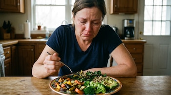 Una mujer llora mientras come un plato grande con brócoli, quinua, aguacate y otras verduras en una mesa de madera clara, en el interior de una cocina.