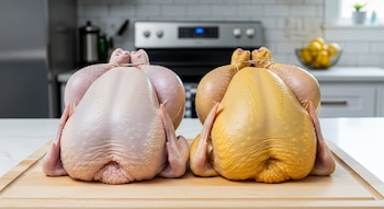 Dos pollos enteros y crudos sobre una tabla de cortar de madera. Uno tiene piel blanca y el otro piel amarilla, en una cocina con azulejos y electrodomésticos.