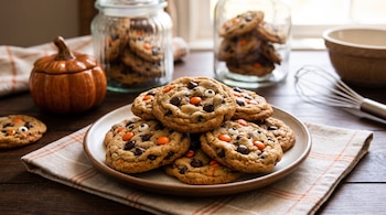 Galletas con chispas y confites en un plato, junto a una calabaza de cerámica, frascos de vidrio y un batidor sobre una mesa de madera.
