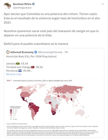 El presidente Gustavo Petro reconoció que la violencia en el país es alta, pero la atribuyó a la herencia de administraciones anteriores