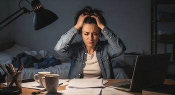 Una persona con expresión de angustia se sujeta la cabeza con ambas manos, sentada en un escritorio con un portátil, papeles y una lámpara encendida, con una cama al fondo.