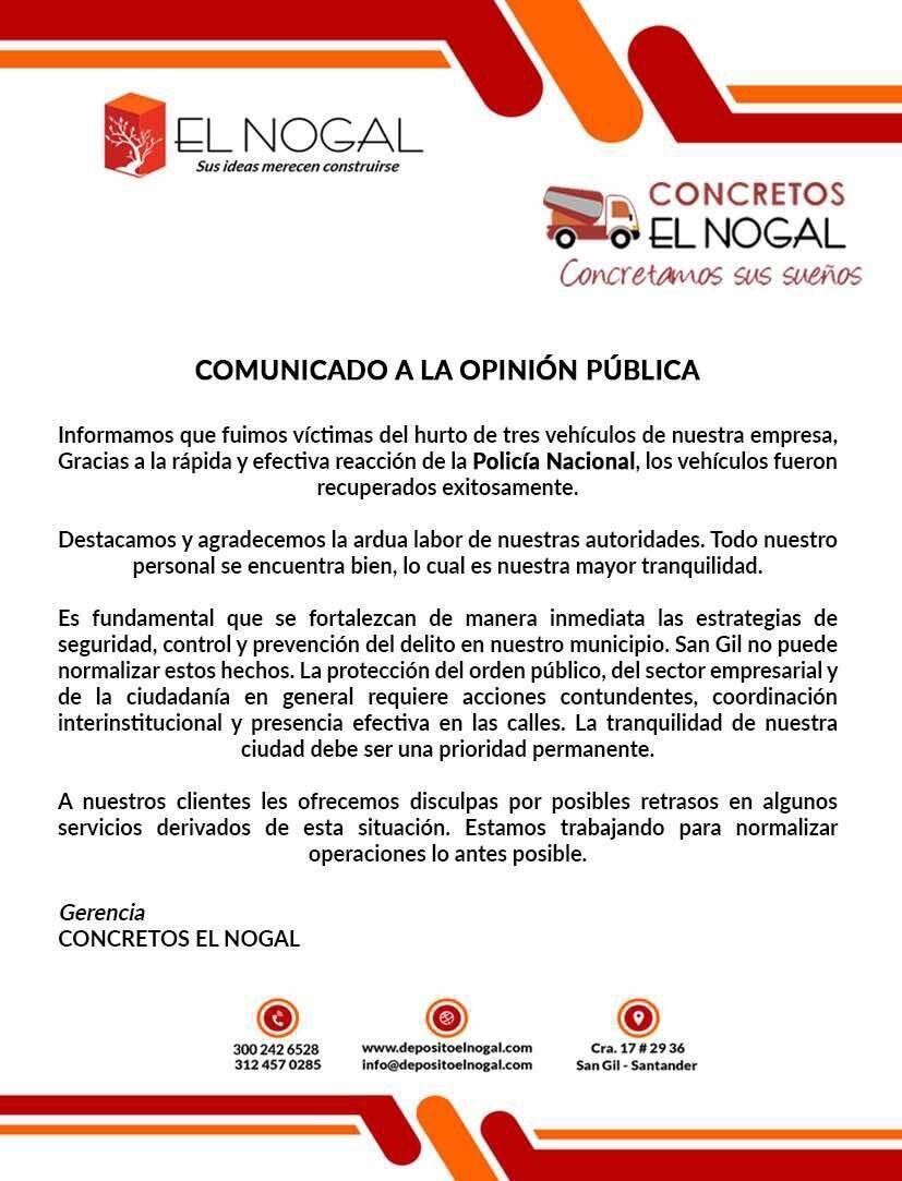 La empresa Concretos El Nogal confirmó que ninguno de sus empleados resultó herido durante el asalto a las instalaciones - crédito Concretos El Nogal/Instagram