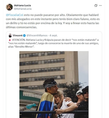 Adriana Lucía advirtió a las autoridades que en redes sociales la señalan de haber tenido una relación con alias Bendito Menor - crédito @AdrianaLucia/X