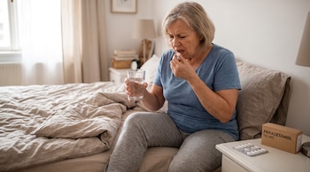 Una mujer sentada en una cama sostiene una pastilla y un vaso con agua frente a una caja de paracetamol de 500 miligramos.