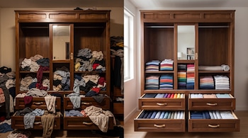 Un armario de madera dividido en dos partes: a la izquierda ropa amontonada y a la derecha prendas dobladas en estantes y cajones abiertos.