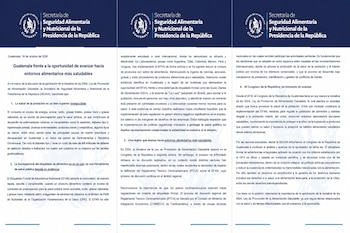 Un comunicado de tres columnas impreso con el logotipo institucional de la Secretaría de Seguridad Alimentaria y Nutricional de Guatemala.